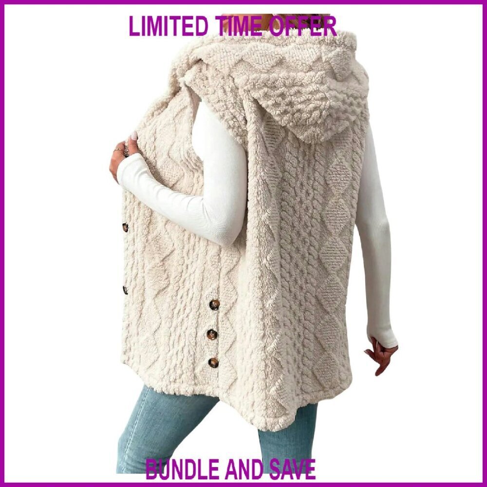 Women's Fleece Hooded Vest Sleeveless Cardigan Coat Fall Winter Outerwear